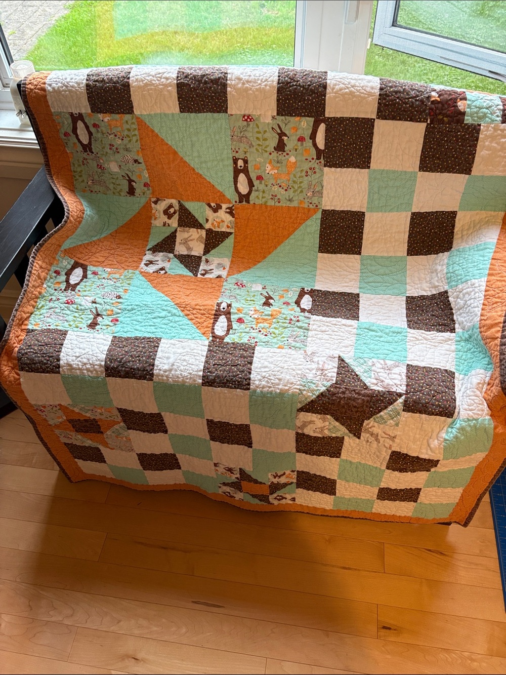 Handmade Woodland Patchwork Quilt in Orange, Aqua & Brown